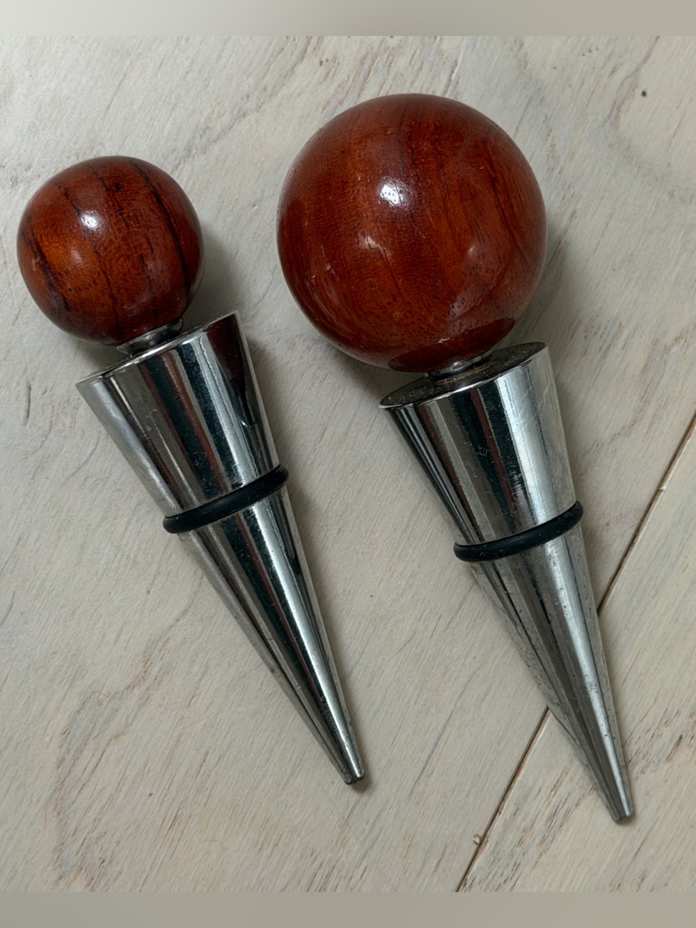 Stainless Steel Wine Bottle Stoppers with Brown Wood Top - Set of 2